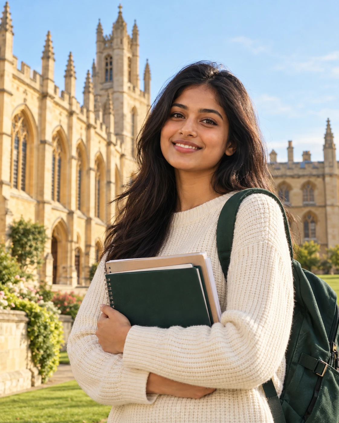 A student holding her books on a sunlit university campus
